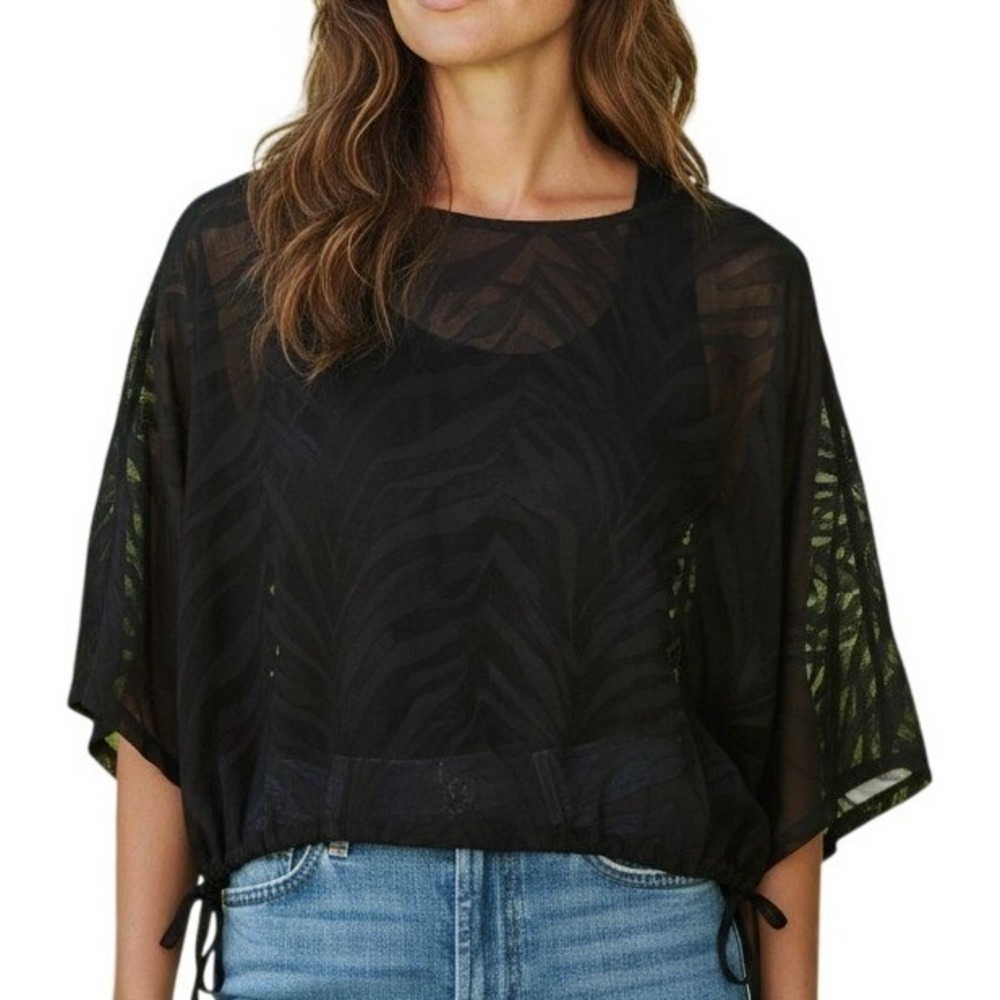 Marc New York Sheer Black Zebra Burnout Mesh Poncho Top with Side Ties Womens L